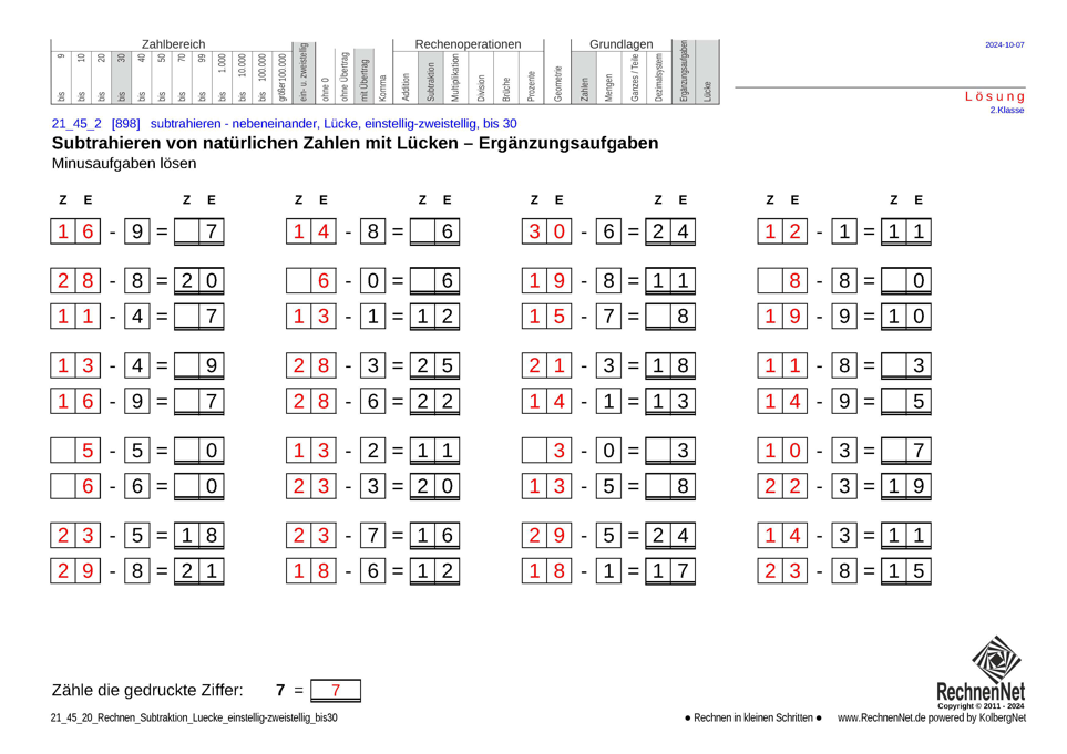 Lösung: 21_45_2 Rechnen Subtraktion Lücke einstellig-zweistellig bis30