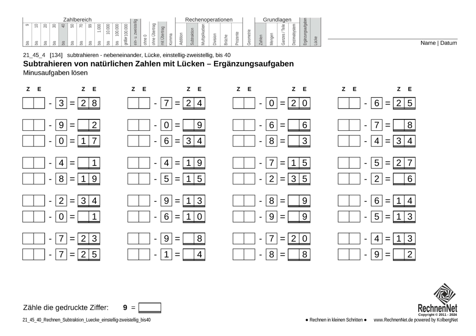 21_45_4 Rechnen Subtraktion Lücke einstellig-zweistellig bis40