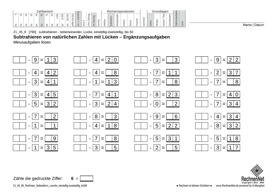 21_45_6 Rechnen Subtraktion Lücke einstellig-zweistellig bis50