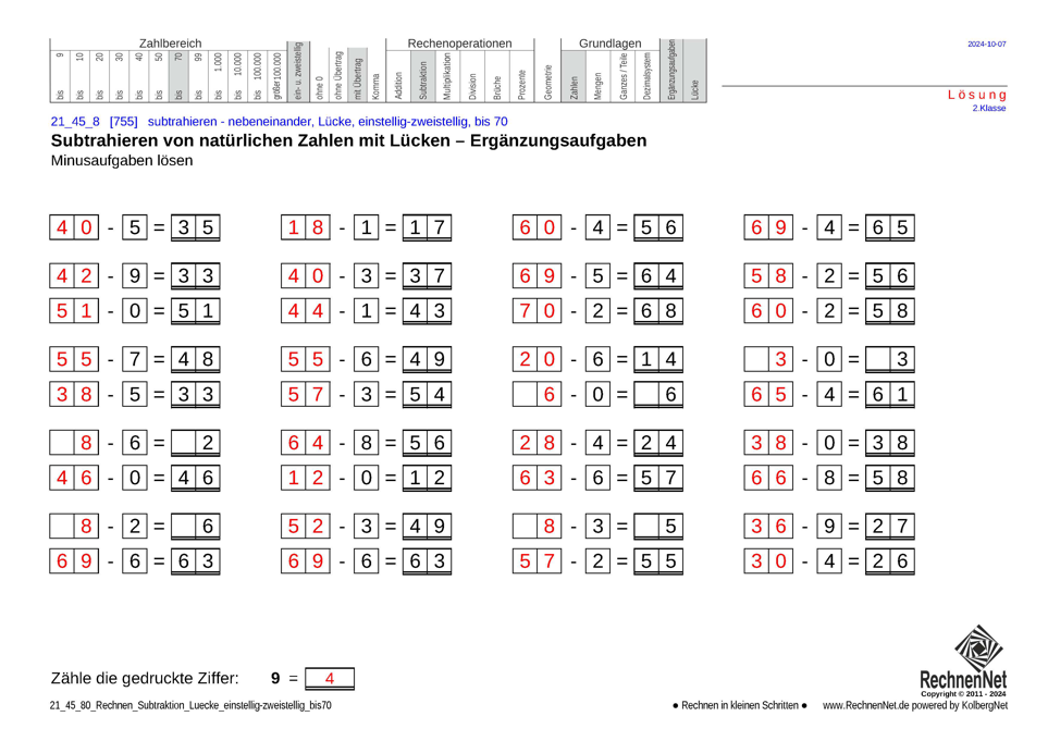 Lösung: 21_45_8 Rechnen Subtraktion Lücke einstellig-zweistellig bis70