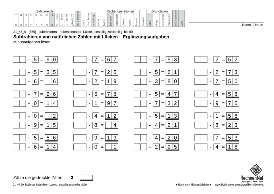 21_45_9 Rechnen Subtraktion Lücke einstellig-zweistellig bis99