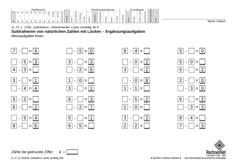 21_47_1 Rechnen Subtraktion Lücke einstellig bis9