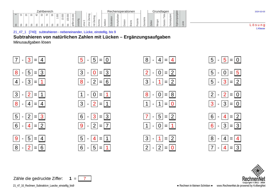 Lösung: 21_47_1 Rechnen Subtraktion Lücke einstellig bis9