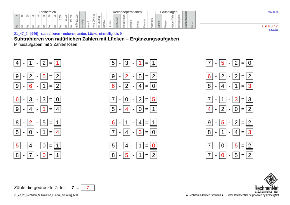 Lösung: 21_47_2 Rechnen Subtraktion Lücke einstellig bis9