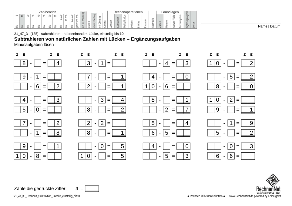 21_47_3 Rechnen Subtraktion Lücke einstellig bis10