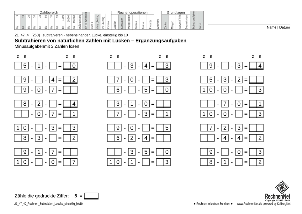 21_47_4 Rechnen Subtraktion Lücke einstellig bis10