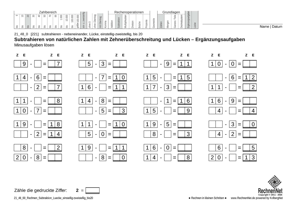 21_48_0 Rechnen Subtraktion Lücke einstellig-zweistellig bis20