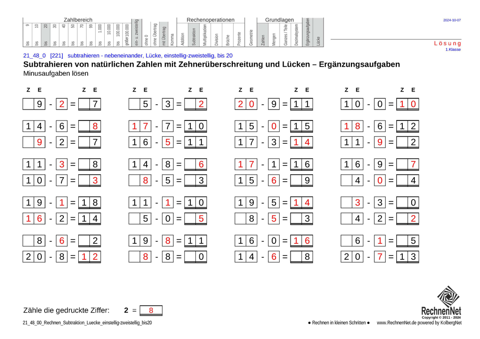 Lösung: 21_48_0 Rechnen Subtraktion Lücke einstellig-zweistellig bis20