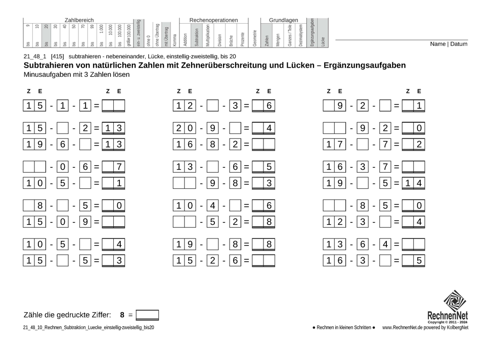 21_48_1 Rechnen Subtraktion Lücke einstellig-zweistellig bis20