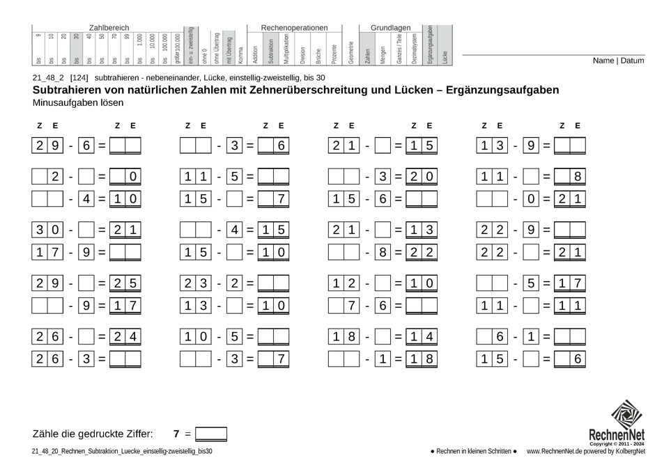 21_48_2 Rechnen Subtraktion Lücke einstellig-zweistellig bis30