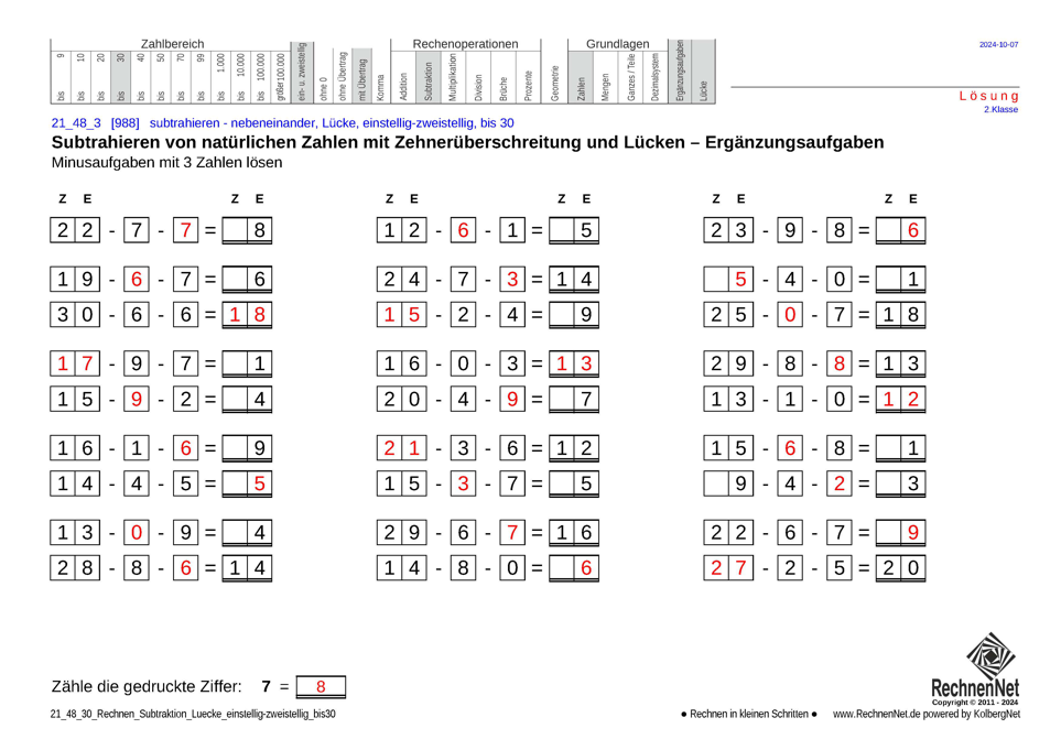 Lösung: 21_48_3 Rechnen Subtraktion Lücke einstellig-zweistellig bis30