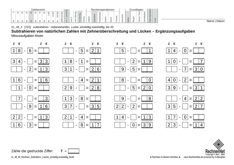 21_48_4 Rechnen Subtraktion Lücke einstellig-zweistellig bis40