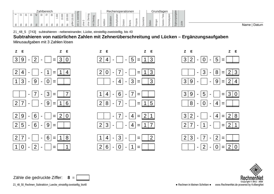 21_48_5 Rechnen Subtraktion Lücke einstellig-zweistellig bis40