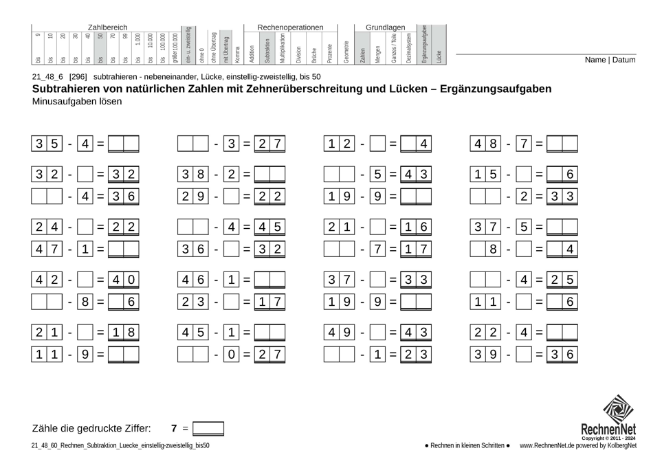 21_48_6 Rechnen Subtraktion Lücke einstellig-zweistellig bis50