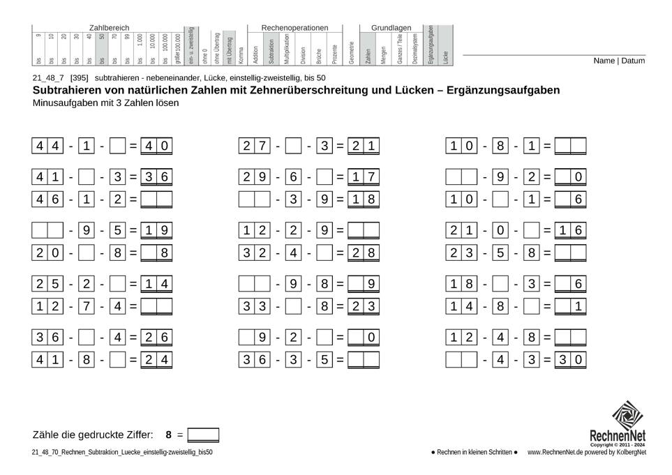 21_48_7 Rechnen Subtraktion Lücke einstellig-zweistellig bis50