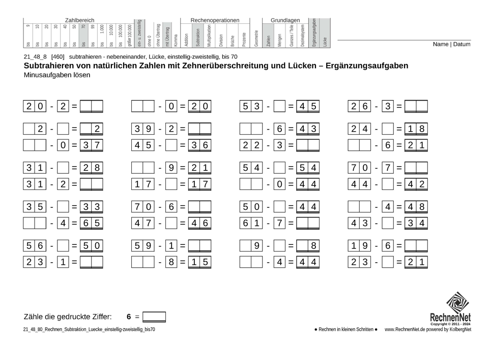 21_48_8 Rechnen Subtraktion Lücke einstellig-zweistellig bis70