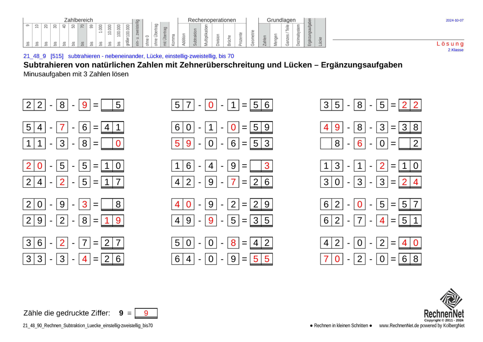 Lösung: 21_48_9 Rechnen Subtraktion Lücke einstellig-zweistellig bis70