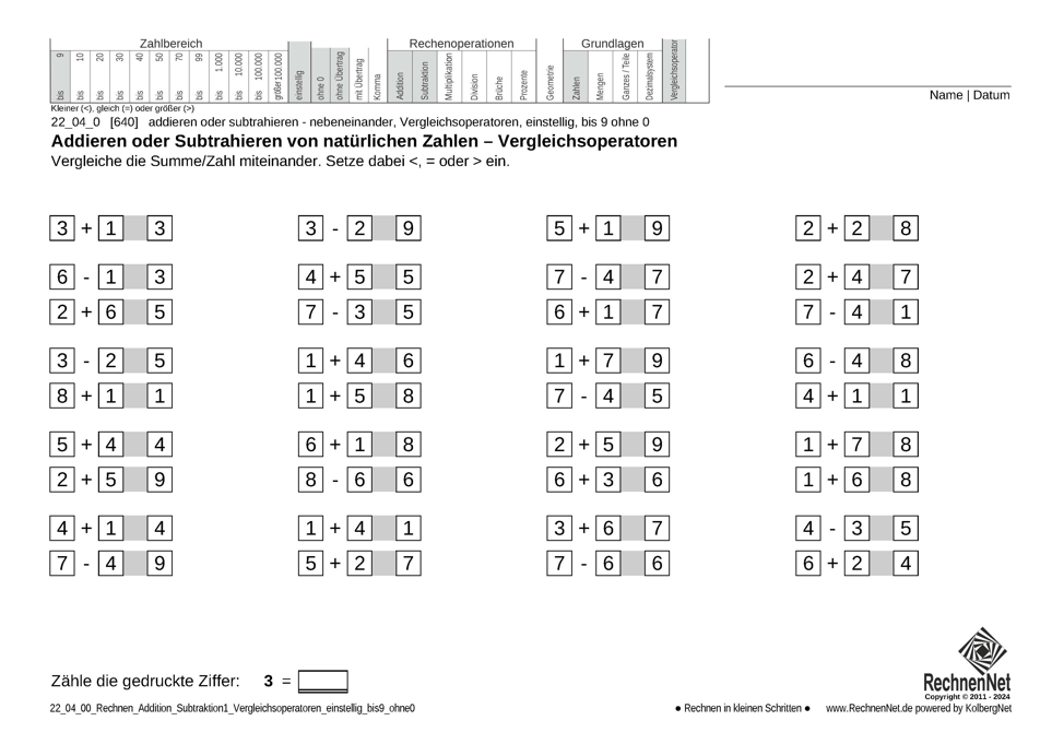 22_04_0 Rechnen Addition Subtraktion Vergleichsoperatoren einstellig bis9 ohne0