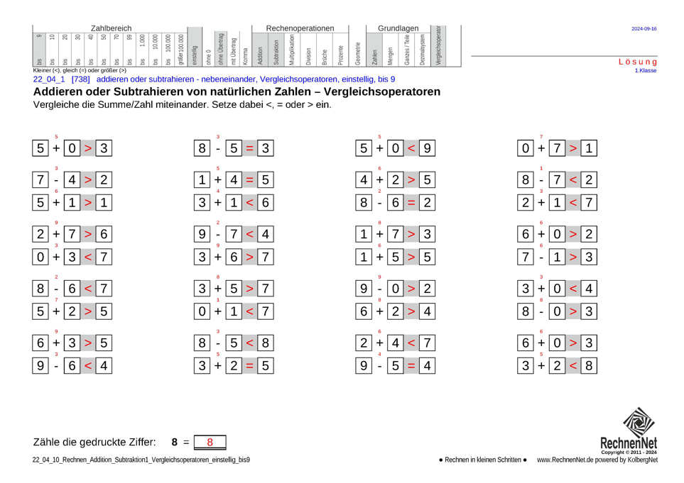 Lösung: 22_04_1 Rechnen Addition Subtraktion Vergleichsoperatoren einstellig bis9