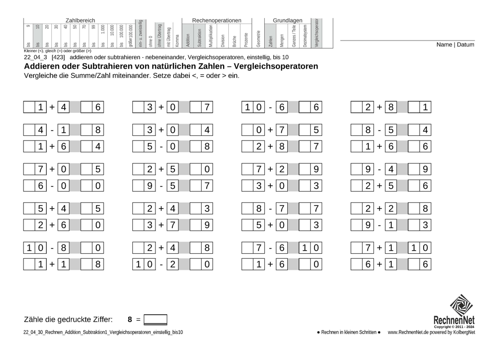 22_04_3 Rechnen Addition Subtraktion Vergleichsoperatoren einstellig bis10