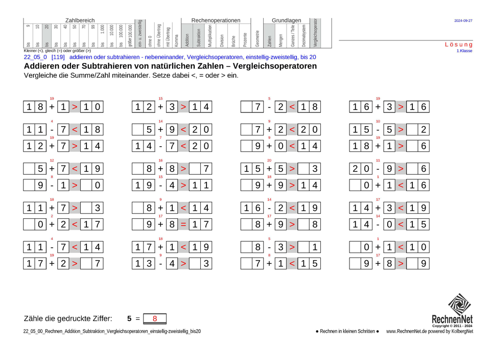 Lösung: 22_05_0 Rechnen Addition Subtraktion Vergleichsoperatoren einstellig-zweistellig bis20