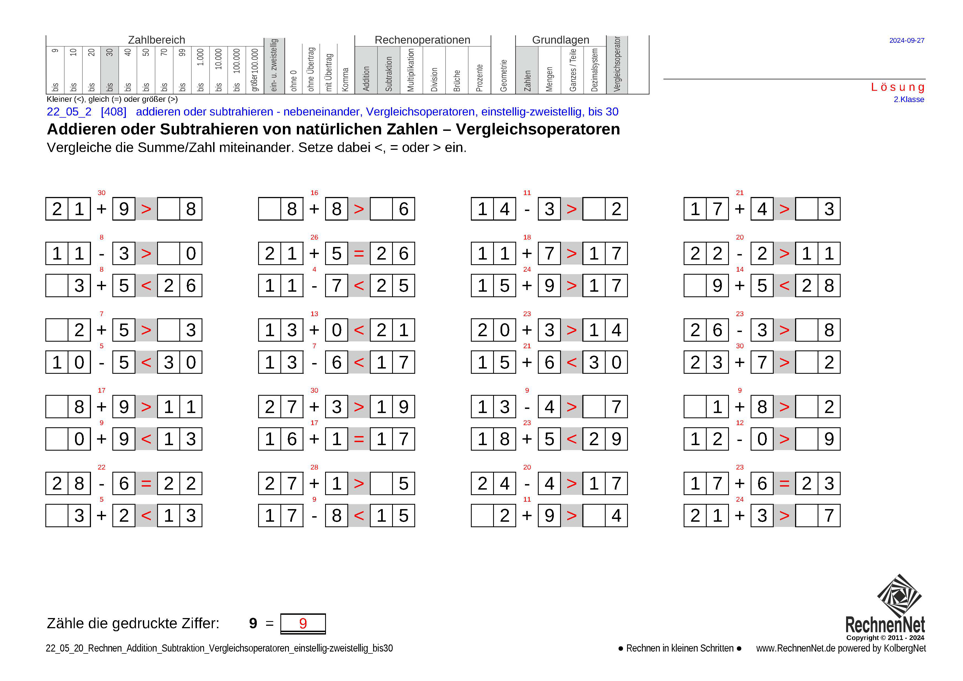 Lösung: 22_05_2 Rechnen Addition Subtraktion Vergleichsoperatoren einstellig-zweistellig bis30