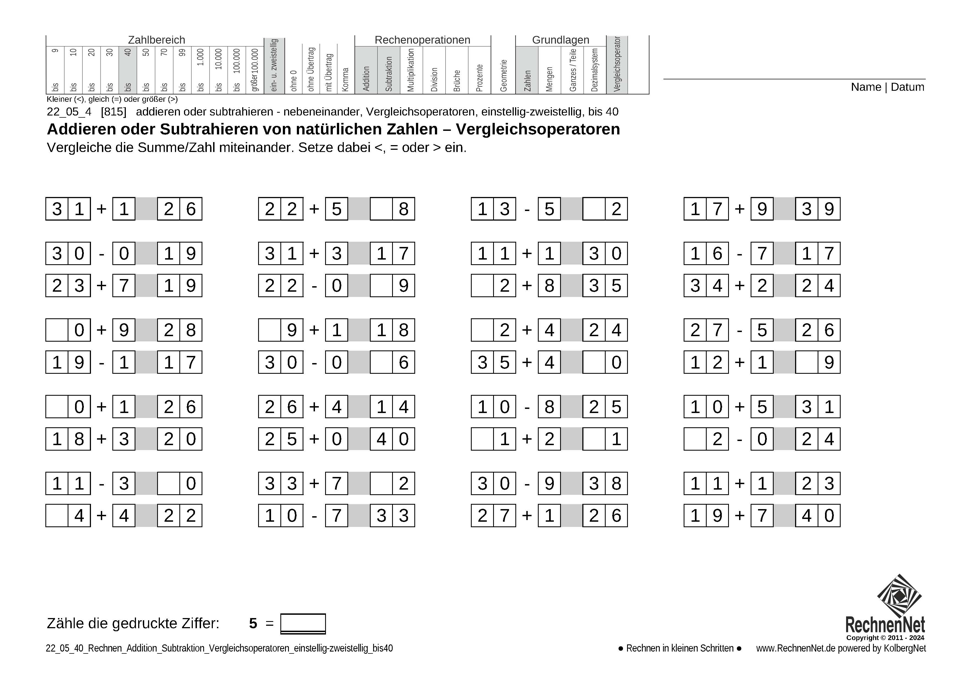 22_05_4 Rechnen Addition Subtraktion Vergleichsoperatoren einstellig-zweistellig bis40