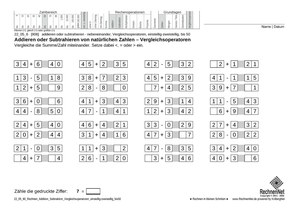 22_05_6 Rechnen Addition Subtraktion Vergleichsoperatoren einstellig-zweistellig bis50