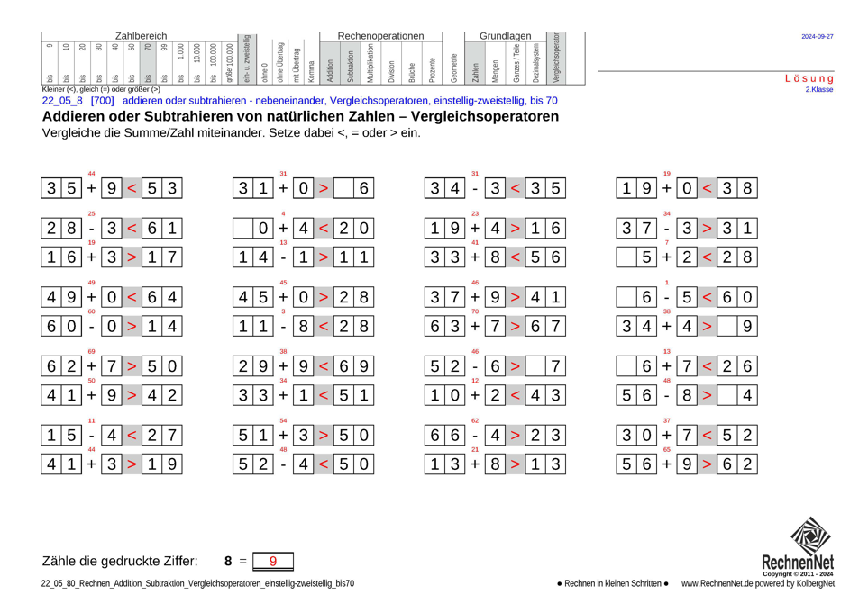 Lösung: 22_05_8 Rechnen Addition Subtraktion Vergleichsoperatoren einstellig-zweistellig bis70