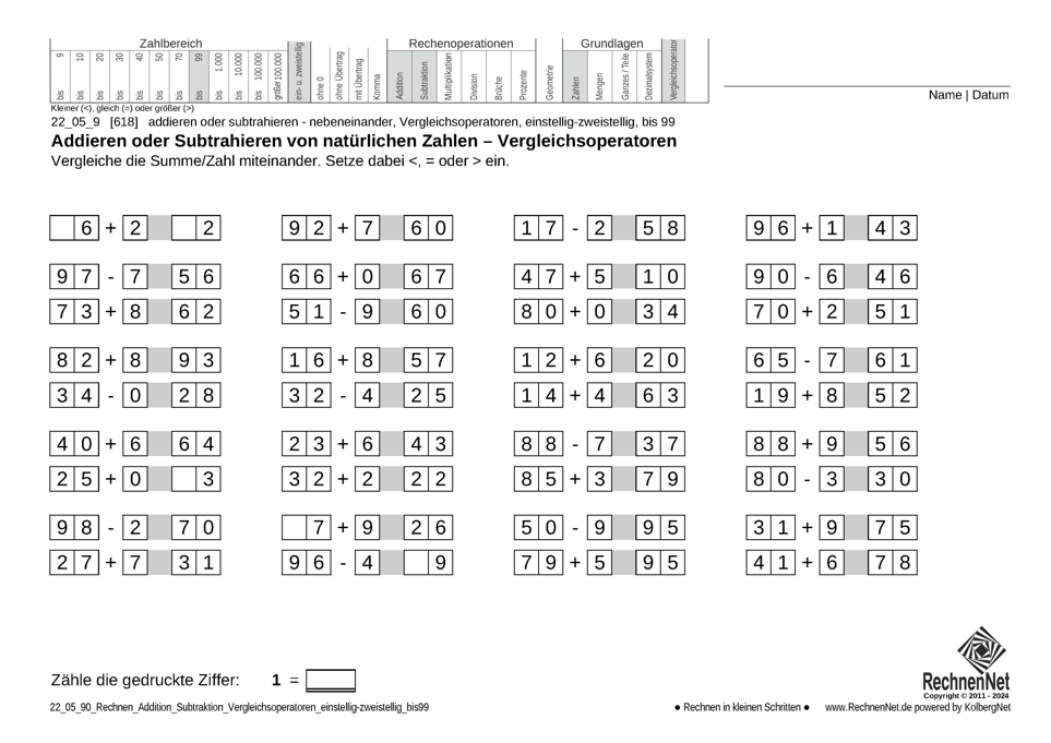 22_05_9 Rechnen Addition Subtraktion Vergleichsoperatoren einstellig-zweistellig bis99