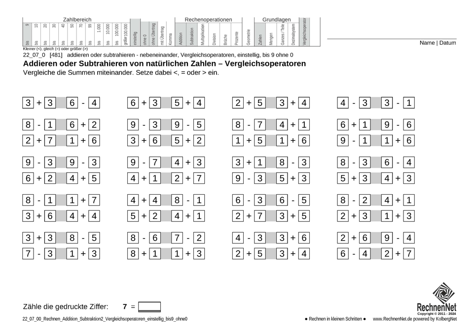 22_07_0 Rechnen Addition Subtraktion Vergleichsoperatoren einstellig bis9 ohne0