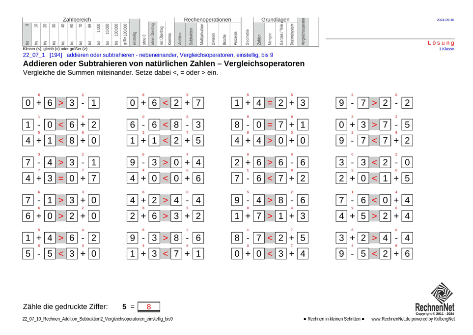 Lösung: 22_07_1 Rechnen Addition Subtraktion Vergleichsoperatoren einstellig bis9