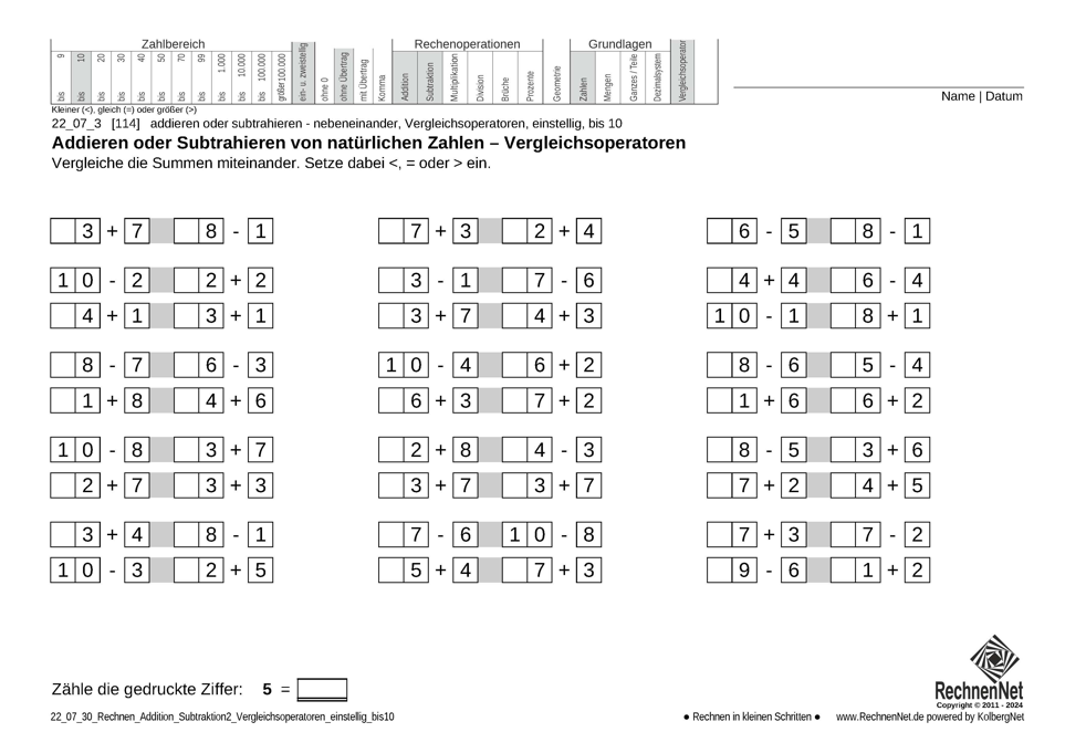 22_07_3 Rechnen Addition Subtraktion Vergleichsoperatoren einstellig bis10