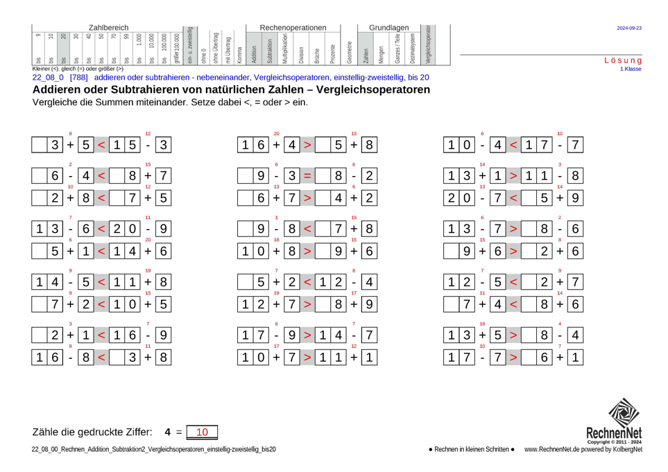 Lösung: 22_08_0 Rechnen Addition Subtraktion Vergleichsoperatoren einstellig-zweistellig bis20