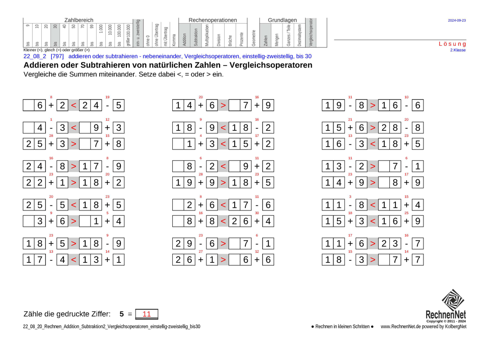 Lösung: 22_08_2 Rechnen Addition Subtraktion Vergleichsoperatoren einstellig-zweistellig bis30