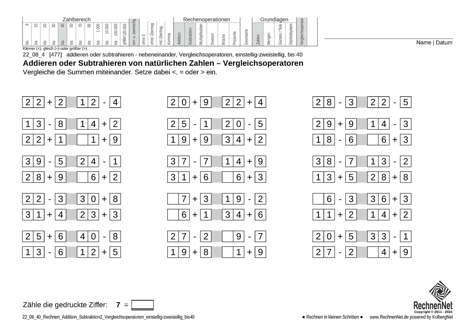 22_08_4 Rechnen Addition Subtraktion Vergleichsoperatoren einstellig-zweistellig bis40
