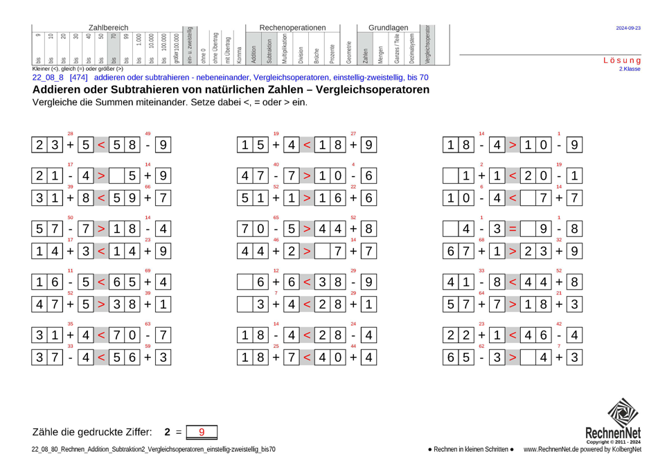 Lösung: 22_08_8 Rechnen Addition Subtraktion Vergleichsoperatoren einstellig-zweistellig bis70