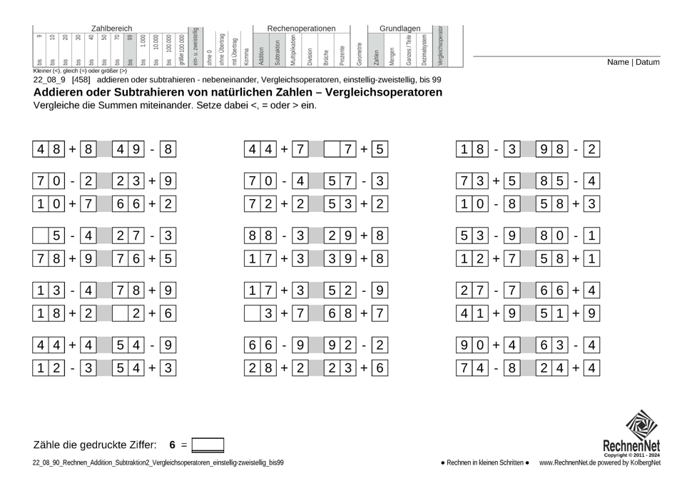 22_08_9 Rechnen Addition Subtraktion Vergleichsoperatoren einstellig-zweistellig bis99