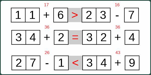 2 mal Addition oder Subtraktion Zahlenvergleich einstellig-zweistellig