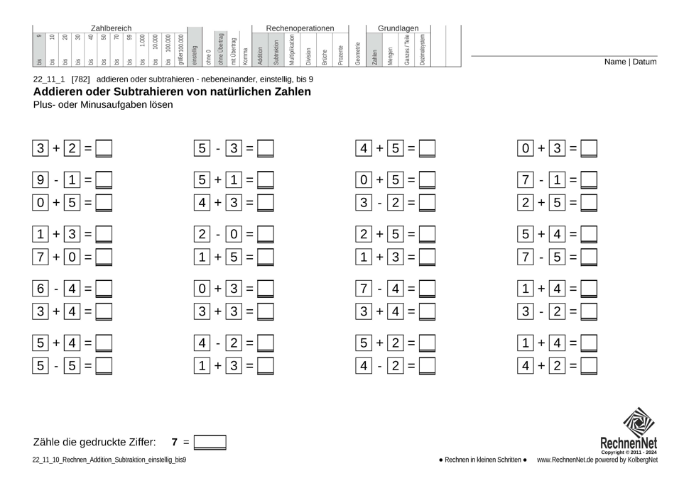 22_11_1 Rechnen Addition Subtraktion einstellig bis9