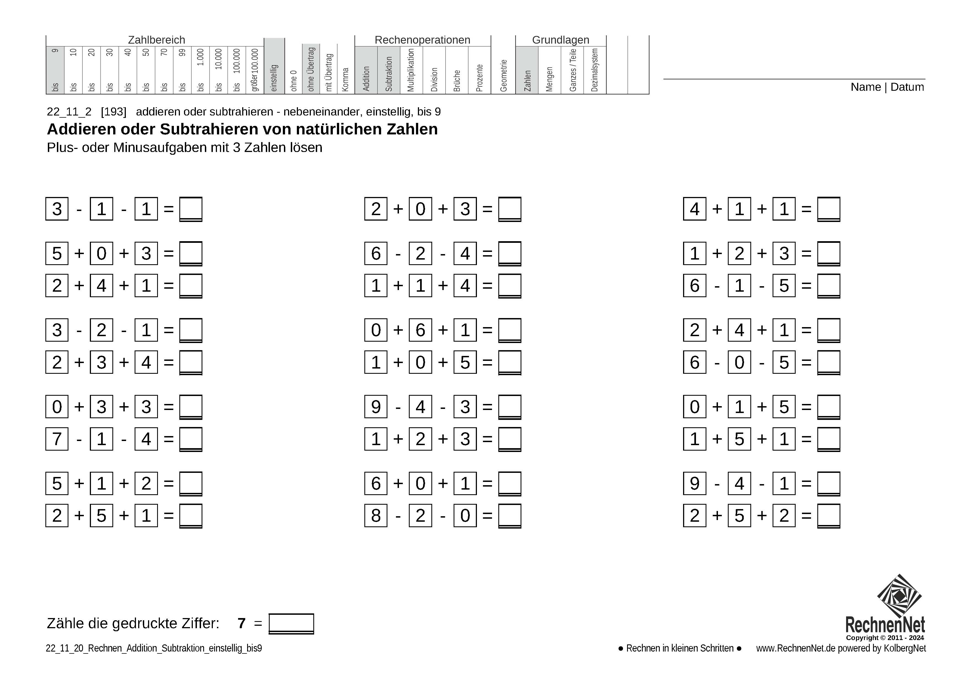 22_11_2 Rechnen Addition Subtraktion einstellig bis9