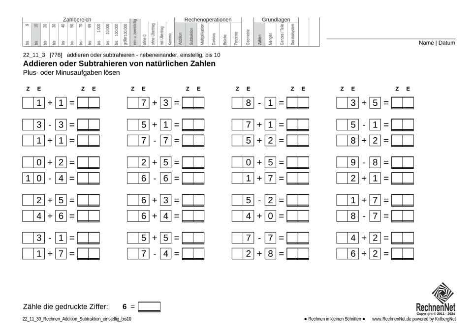 22_11_3 Rechnen Addition Subtraktion einstellig bis10