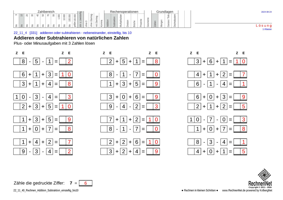Lösung: 22_11_4 Rechnen Addition Subtraktion einstellig bis10