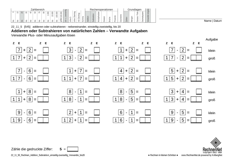22_11_5 Rechnen Addition Subtraktion einstellig-zweistellig Verwandte bis20