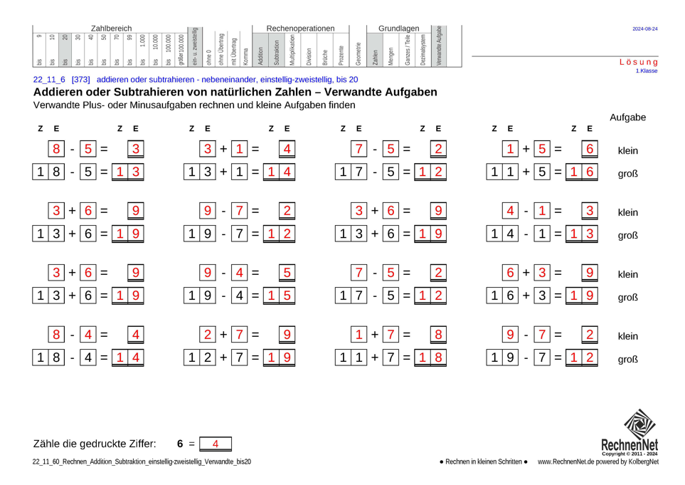 Lösung: 22_11_6 Rechnen Addition Subtraktion einstellig-zweistellig Verwandte bis20