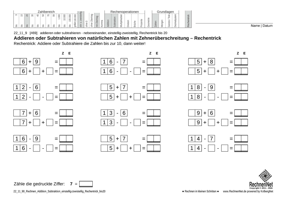 22_11_9 Rechnen Addition Subtraktion einstellig-zweistellig Rechentrick bis20