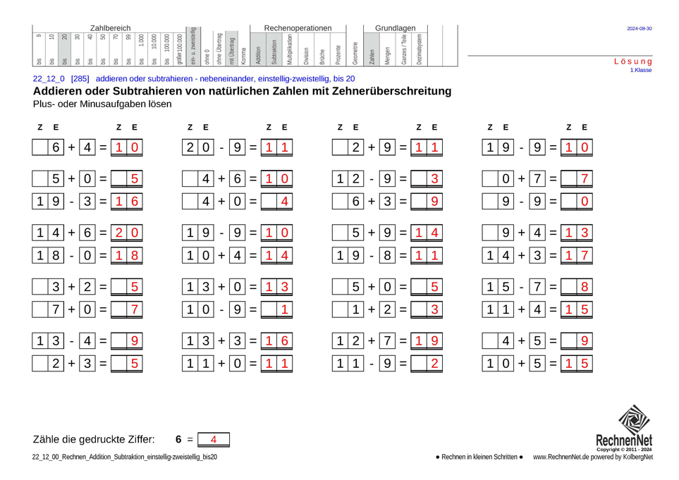Lösung: 22_12_0 Rechnen Addition Subtraktion einstellig-zweistellig bis20