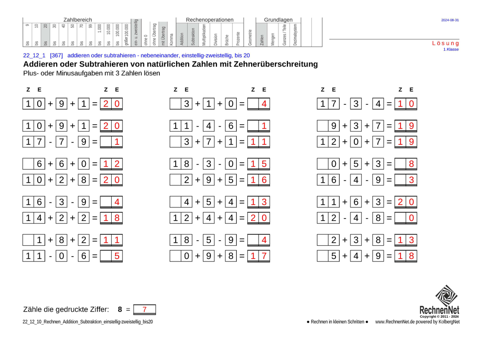 Lösung: 22_12_1 Rechnen Addition Subtraktion einstellig-zweistellig bis20