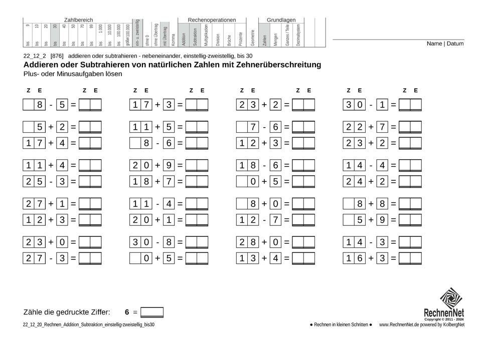 22_12_2 Rechnen Addition Subtraktion einstellig-zweistellig bis30
