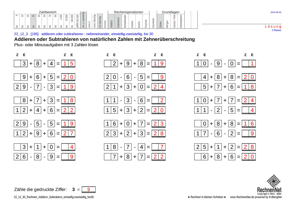 Lösung: 22_12_3 Rechnen Addition Subtraktion einstellig-zweistellig bis30